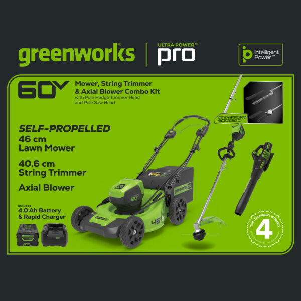 Greenworks 60V 46cm SP Mower + Blower + Multi Tool + Pole Saw/Hedge Trimmer Attach 4.0AH Kit