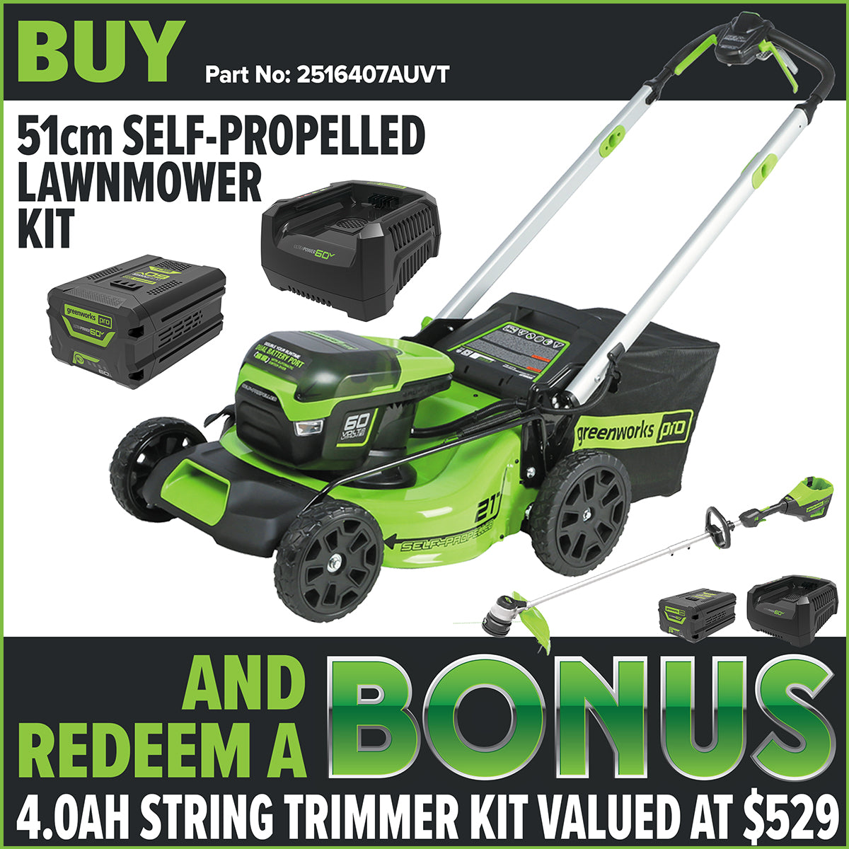Greenworks 60V Pro Brushless Self-Propelled Lawnmower (21″) 6.0AH Kit