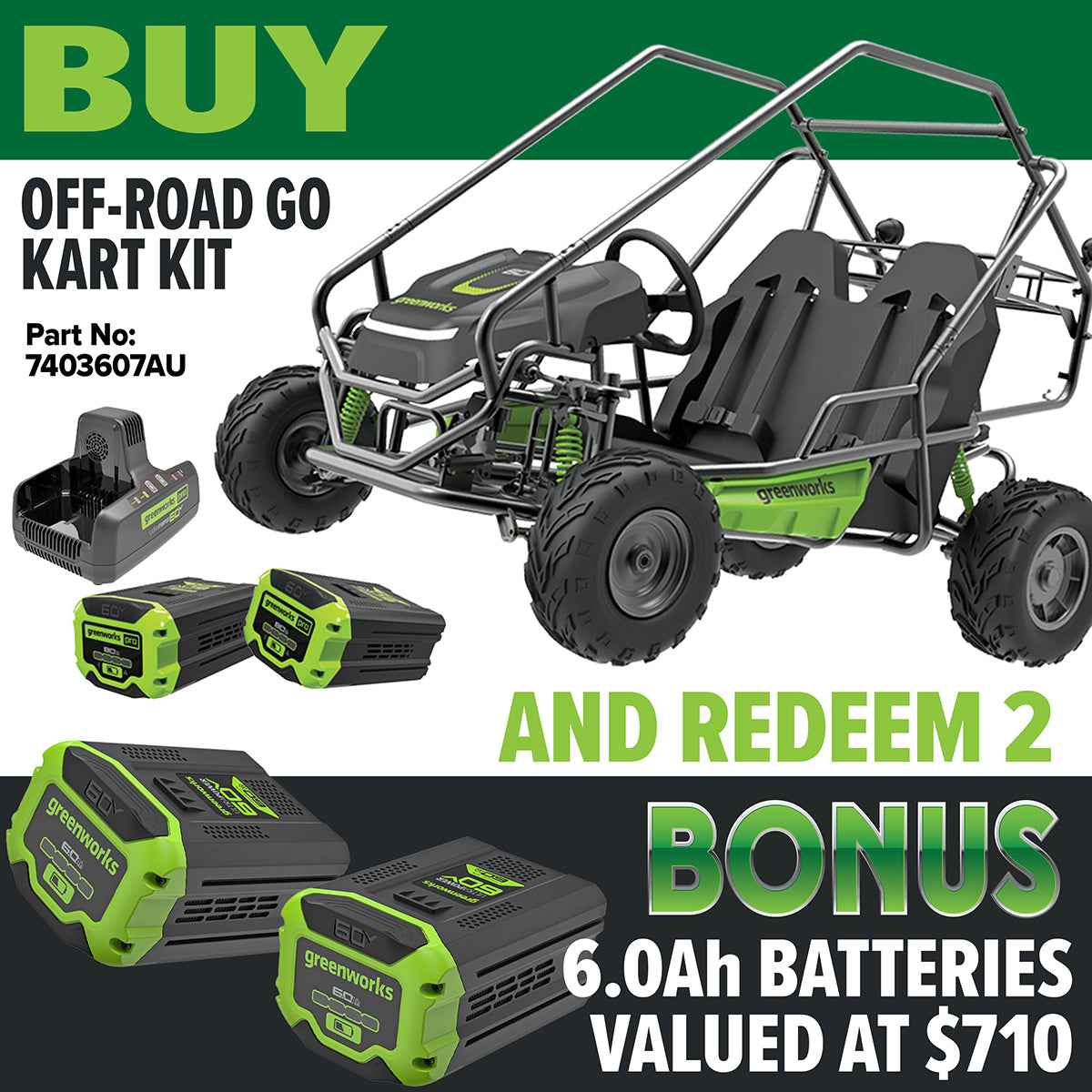 Greenworks 60V STEALTH Series All-Terrain 2-Seat Electric Youth Go-Kart