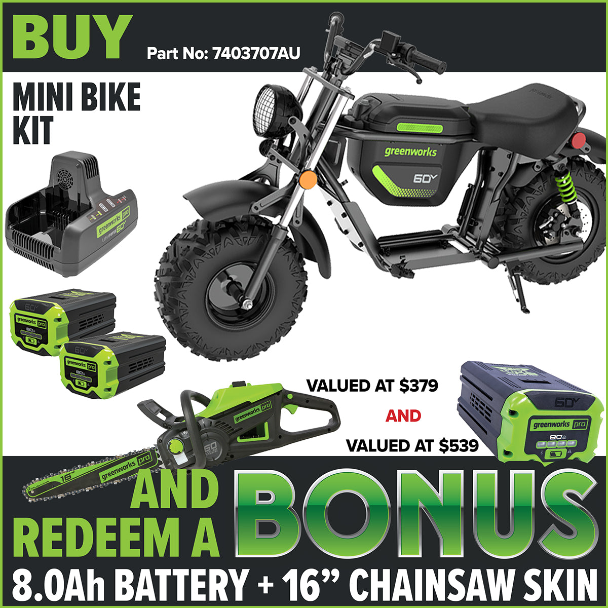 Greenworks 60V STEALTH Series Off-Road Mini Bike