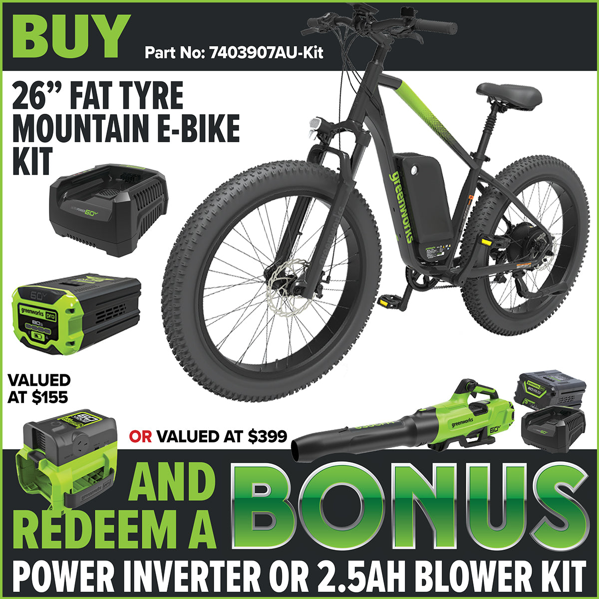 Greenworks 60V VENTURE Series 26” Fat Tyre Electric Mountain Bike