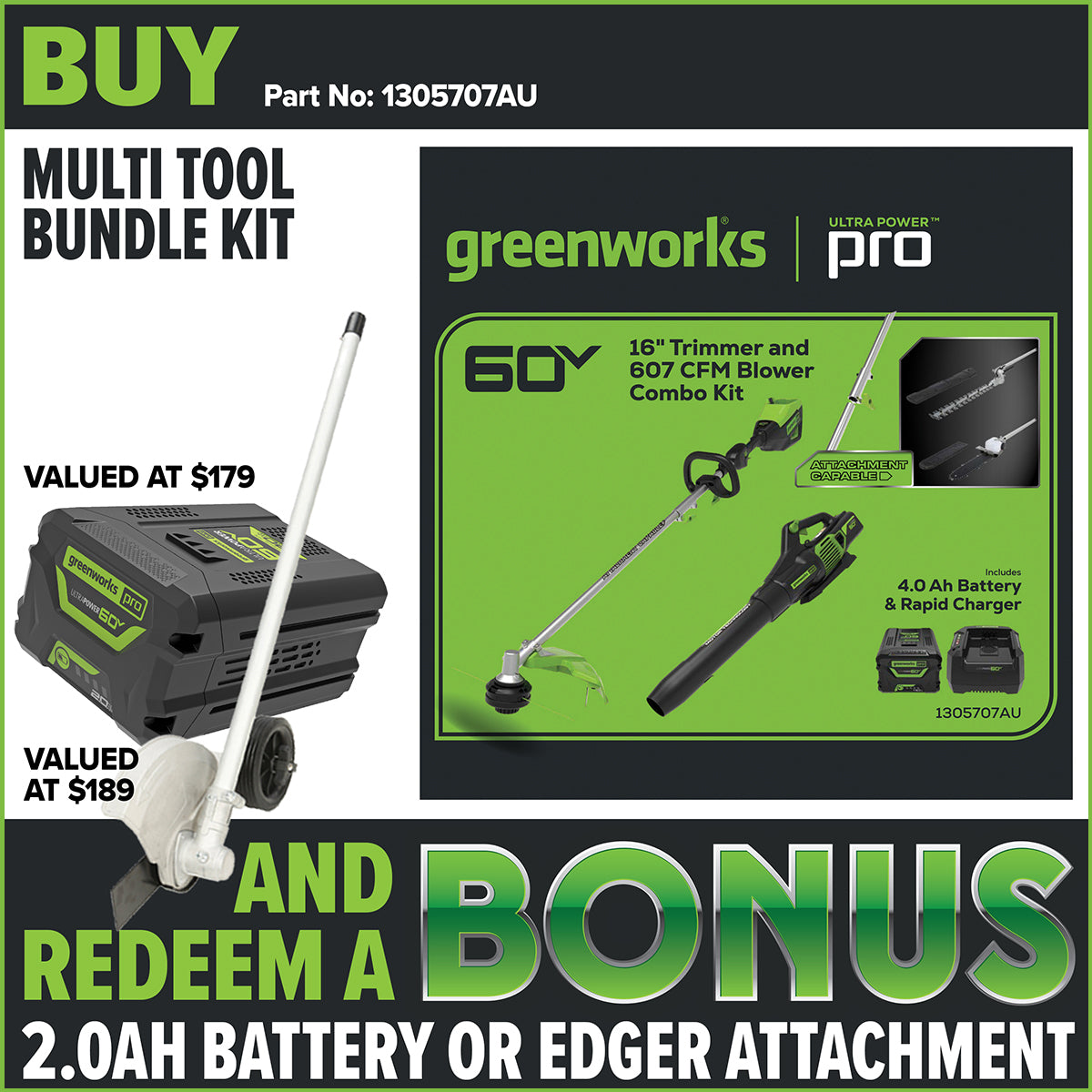 Greenworks 60V Multi Tool + Blower + Hedge Trimmer/Pole Saw Attach 4.0AH Kit - Redemption Offer!