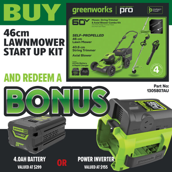 Greenworks 60V 46cm SP Mower + Blower + Multi Tool + Pole Saw/Hedge Trimmer Attach 4.0AH Kit