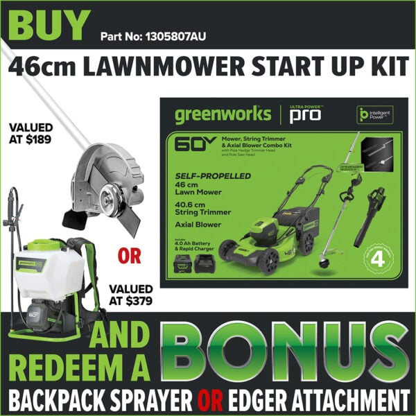 Greenworks 60V 46cm SP Mower + Blower + Multi Tool + Pole Saw/Hedge Trimmer Attach 4.0AH Kit - Redemption Offer!