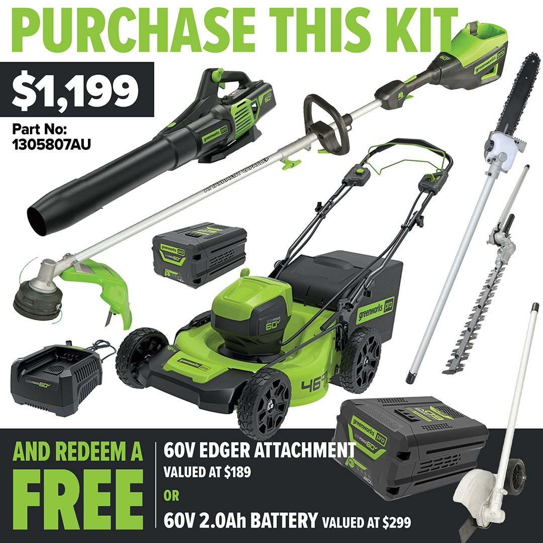 Greenworks 60V 46cm SP Mower + Blower + Multi Tool + Pole Saw/Hedge Trimmer Attach 4.0AH Kit - Redemption Offer!