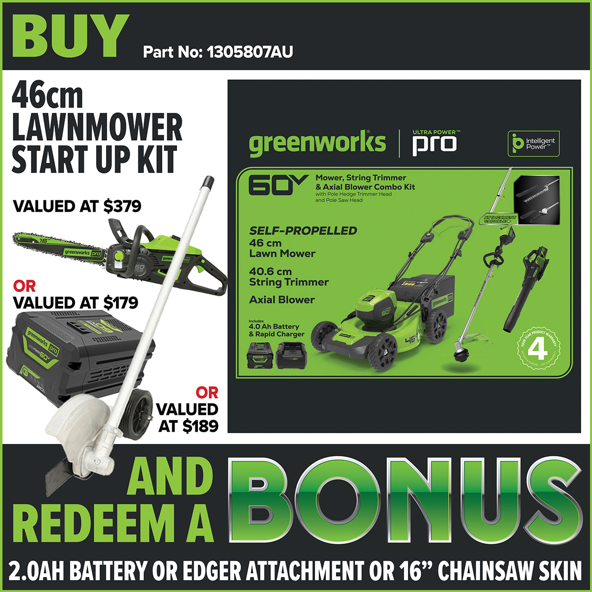 Greenworks 60V 46cm SP Mower + Blower + Multi Tool + Pole Saw/Hedge Trimmer Attach 4.0AH Kit - Redemption Offer!