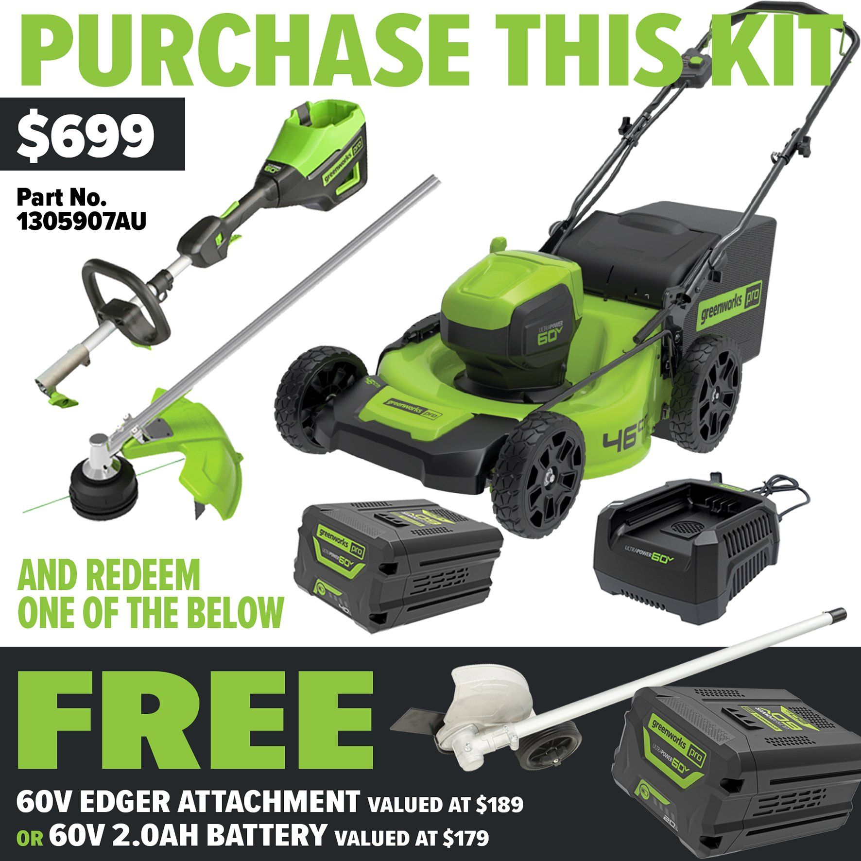 Greenworks 60V 46cm Mower + Multi-Tool 4.0AH Kit - Redemption Offer!