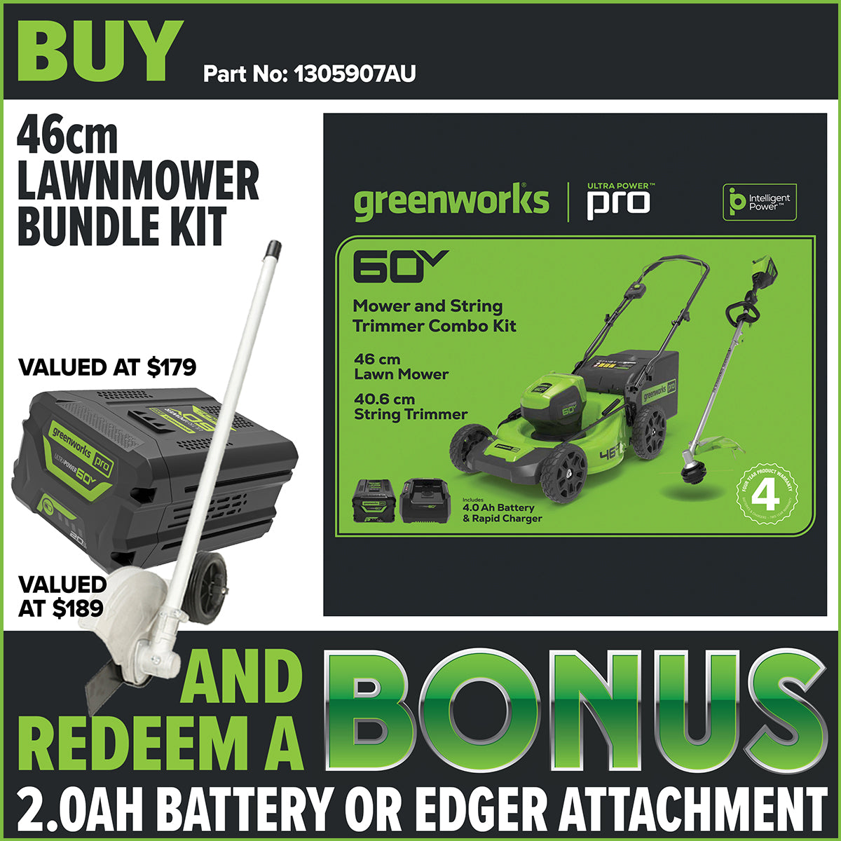 Greenworks 60V 46cm Mower + Multi-Tool 4.0AH Kit - Redemption Offer!
