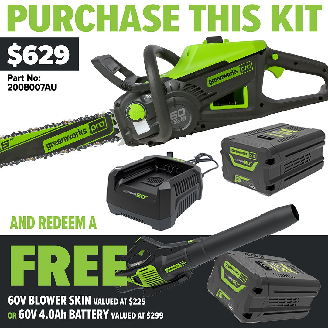 Greenworks 60V Pro Brushless Chainsaw (16″) 4.0AH Kit - Redemption Offer!