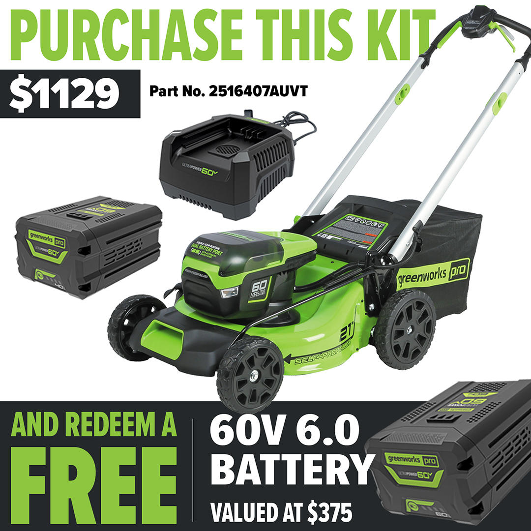 Greenworks 60V Pro Brushless Self-Propelled Lawnmower (21″) 6.0AH Kit - Redemption Offer!