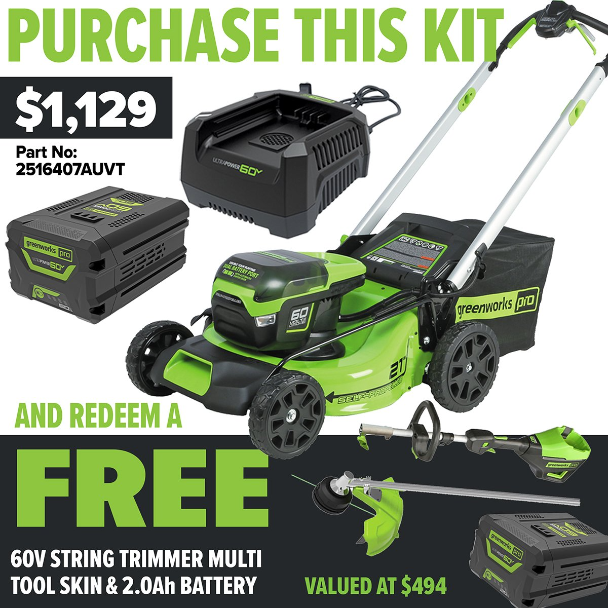 Greenworks 60V Pro Brushless Self-Propelled Lawnmower (21″) 6.0AH Kit - Redemption Offer!