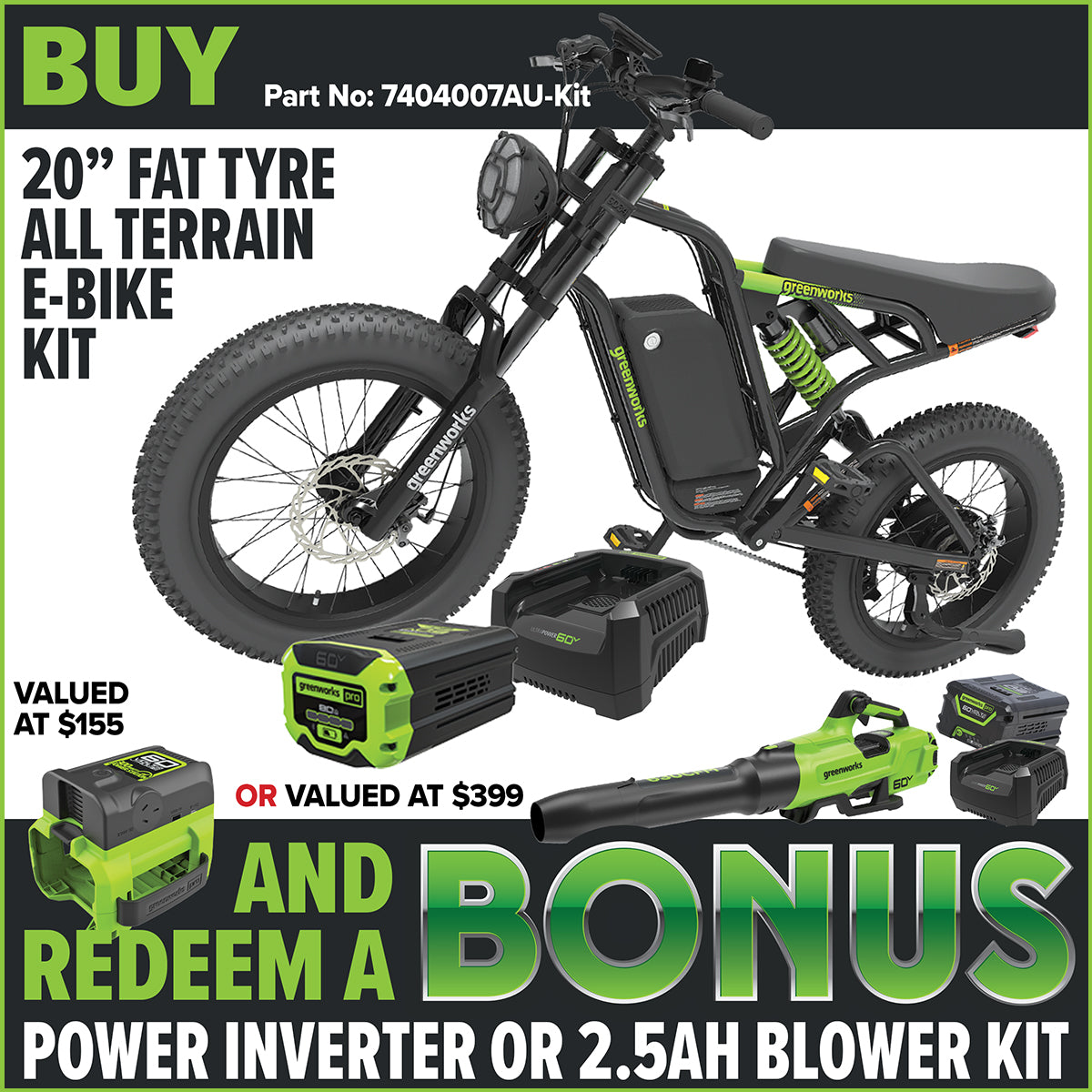 Greenworks 60V VENTURE Series 20” Fat Tyre Electric All Terrain Bike