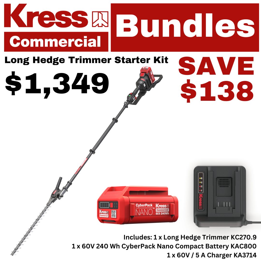 Kress 60V Commercial 55 cm Long Shaft Articulating (145°) Pole Hedge Trimmer - Starter Kit!