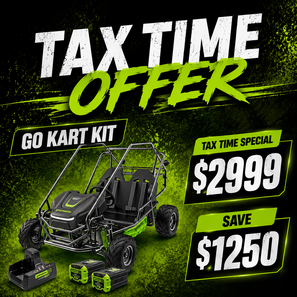 Greenworks 60V STEALTH Series All-Terrain 2-Seat Electric Youth Go-Kart