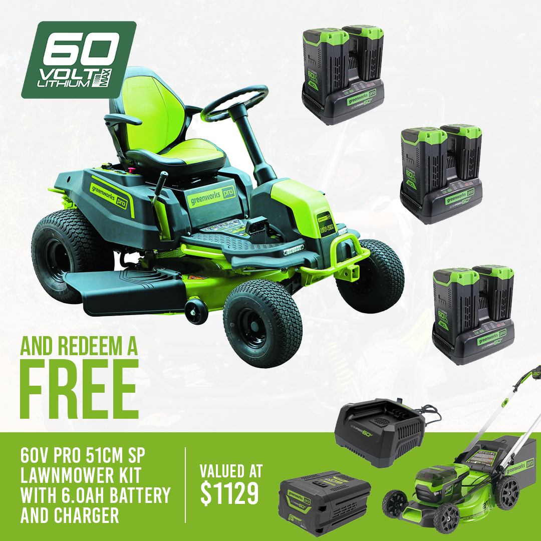 Greenworks 60V Pro 42” Ride On Lawn Mower with 6x 8Ah Batteries & Chargers