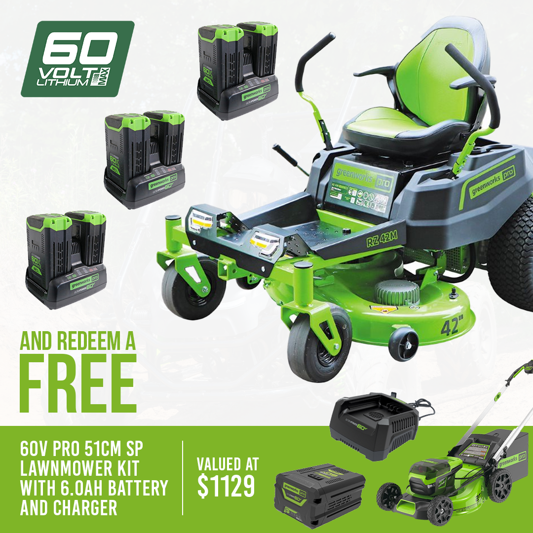Greenworks 60V Pro 42” Ride On Zero Turn Lawn Mower with 6x 8Ah Batteries & Chargers